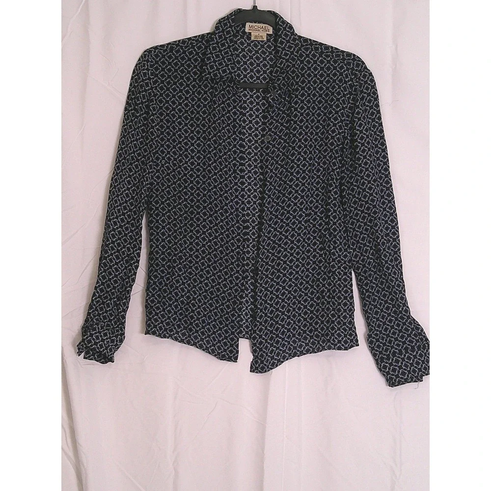MICHAEL KORS Black Blue Geometric Print Long Sleeve Button Down‎ Shirt Top